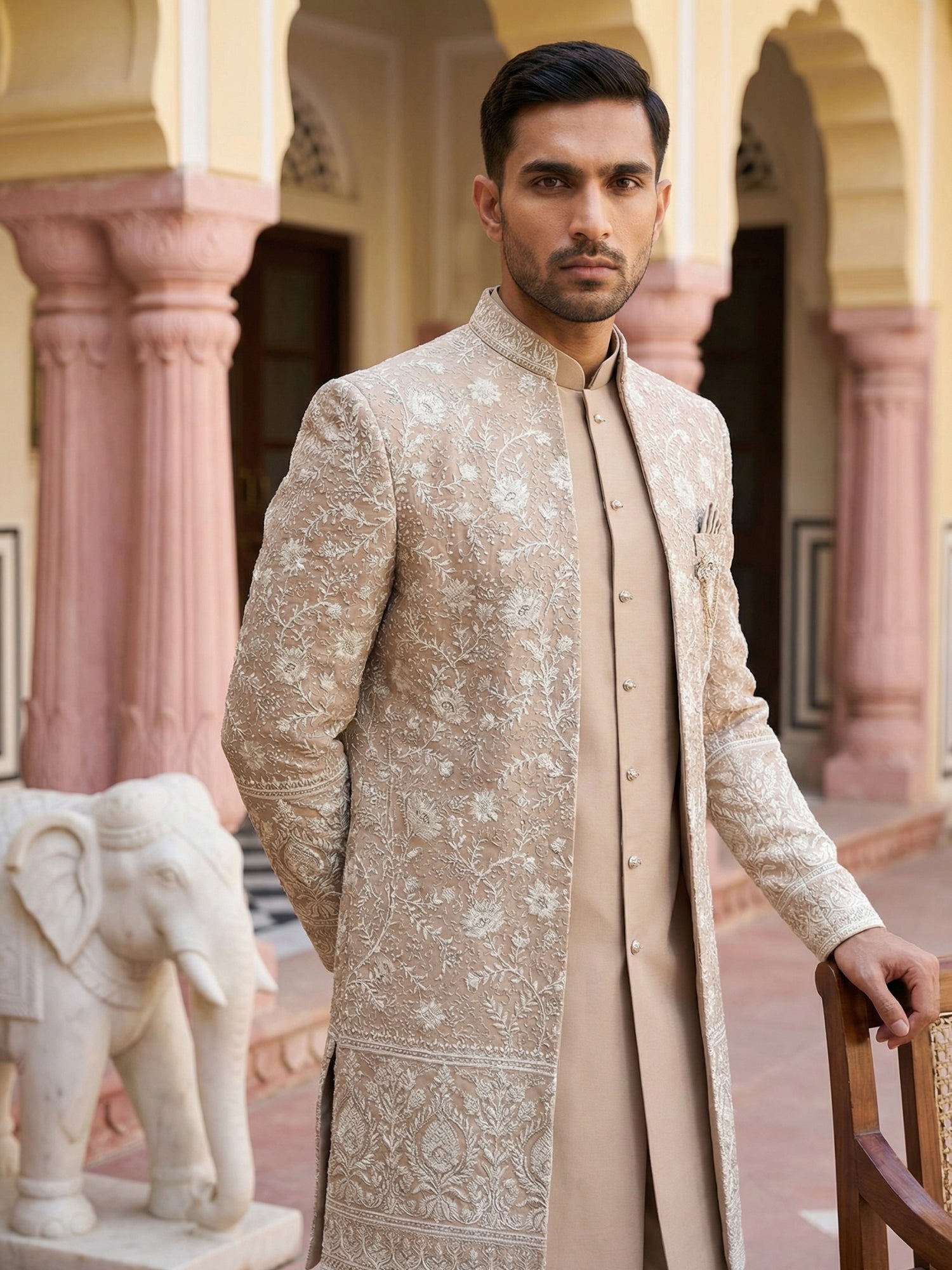 DesiQlo Men Embroidered Indo Western Set - Brown