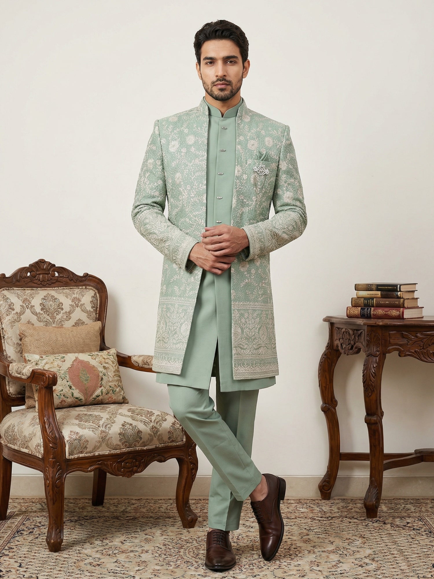 DesiQlo Men Embroidered Indo Western Set - Green - 50JIND_151Green_S