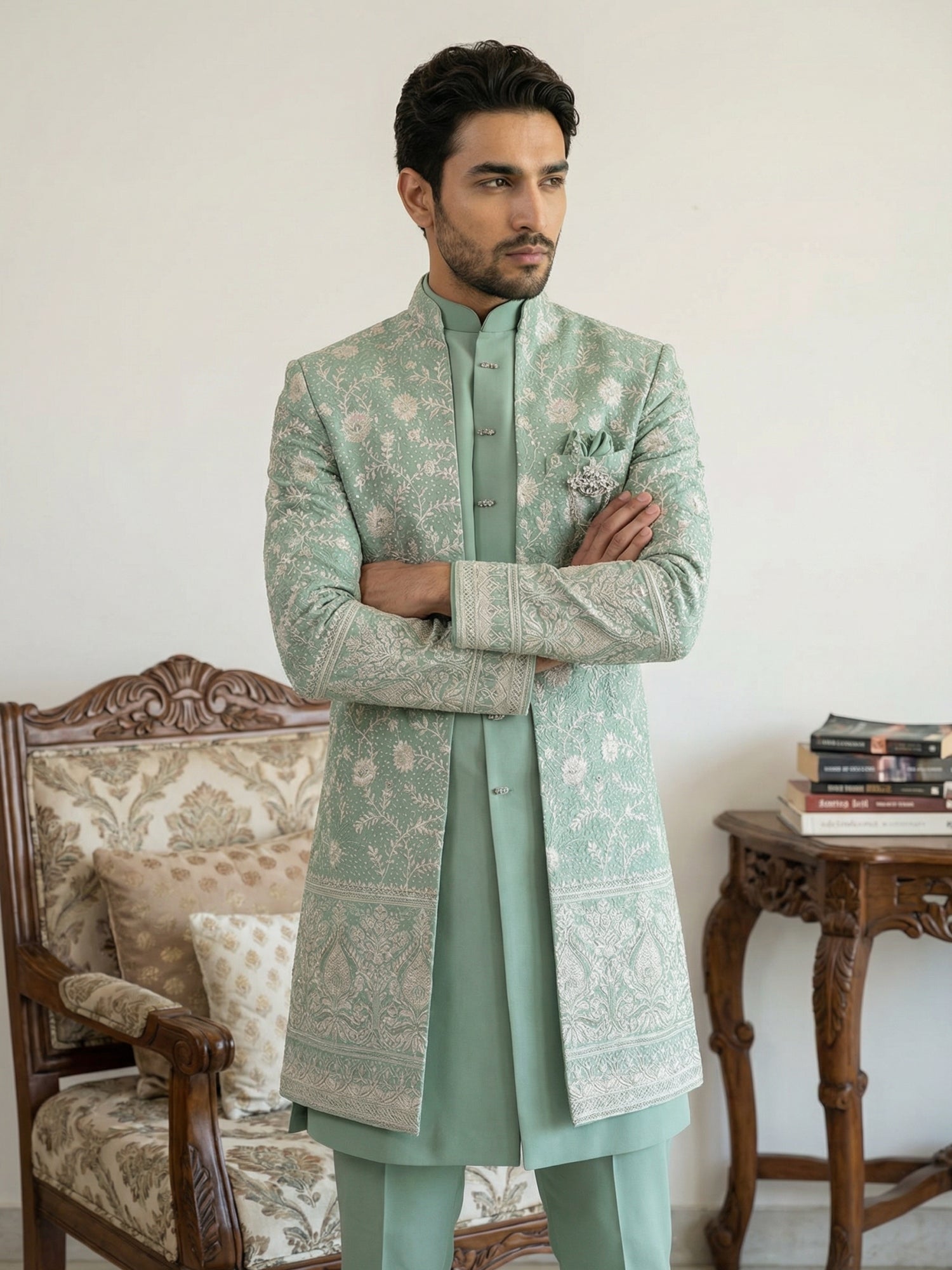 DesiQlo Men Embroidered Indo Western Set - Green - 50JIND_151Green_S