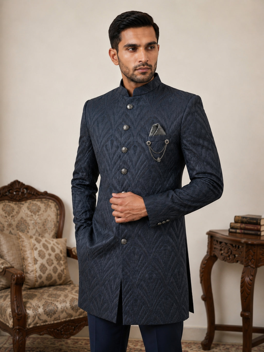 Woven Design Jacquard Indo-Western Set ( 50JIND 152Navy )