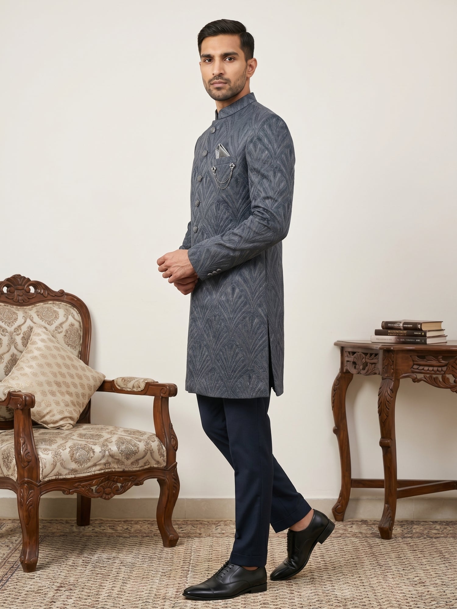 DesiQlo Men Embroidered Indo Western Set - Blue