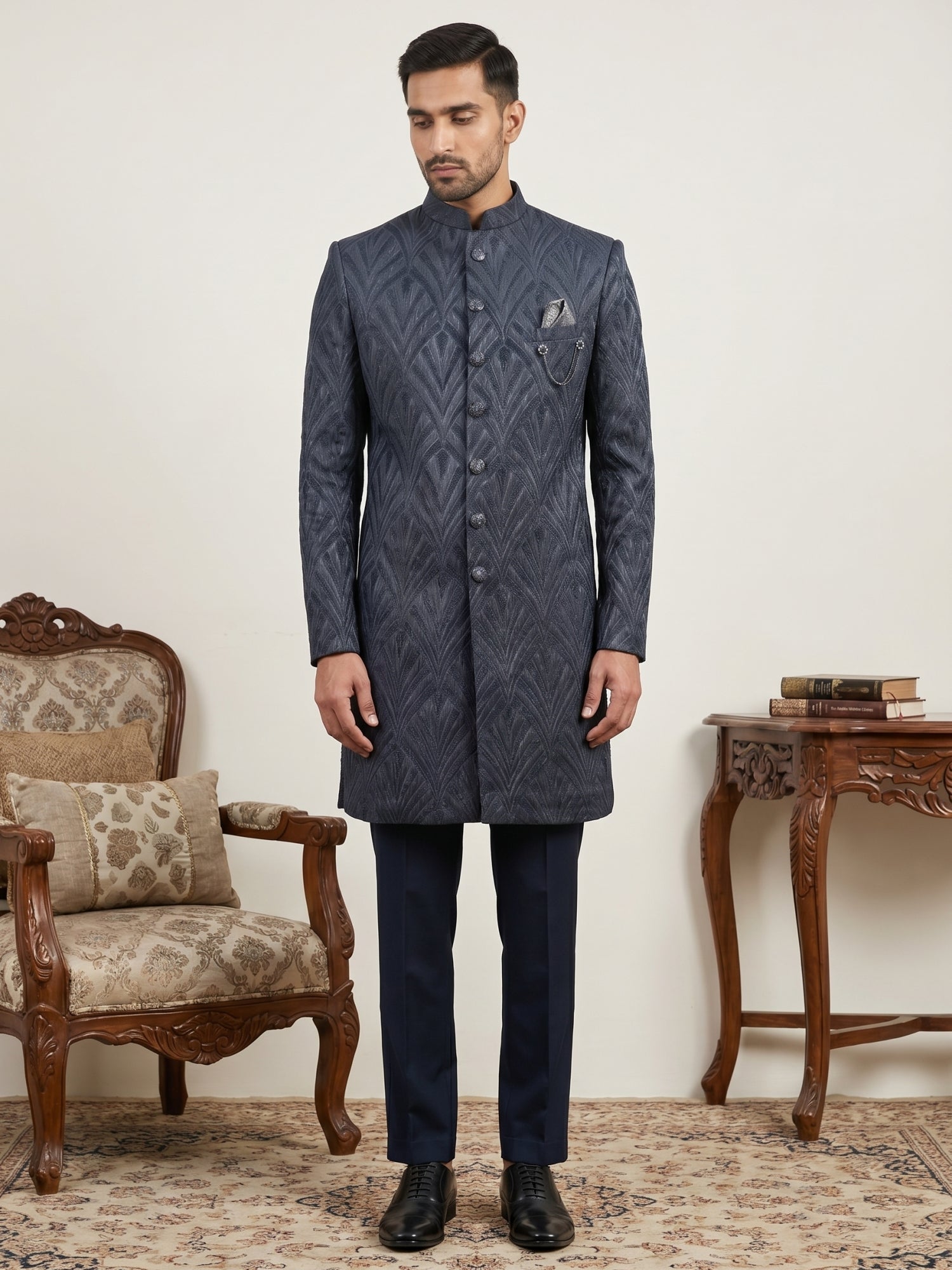 DesiQlo Men Embroidered Indo Western Set - Blue