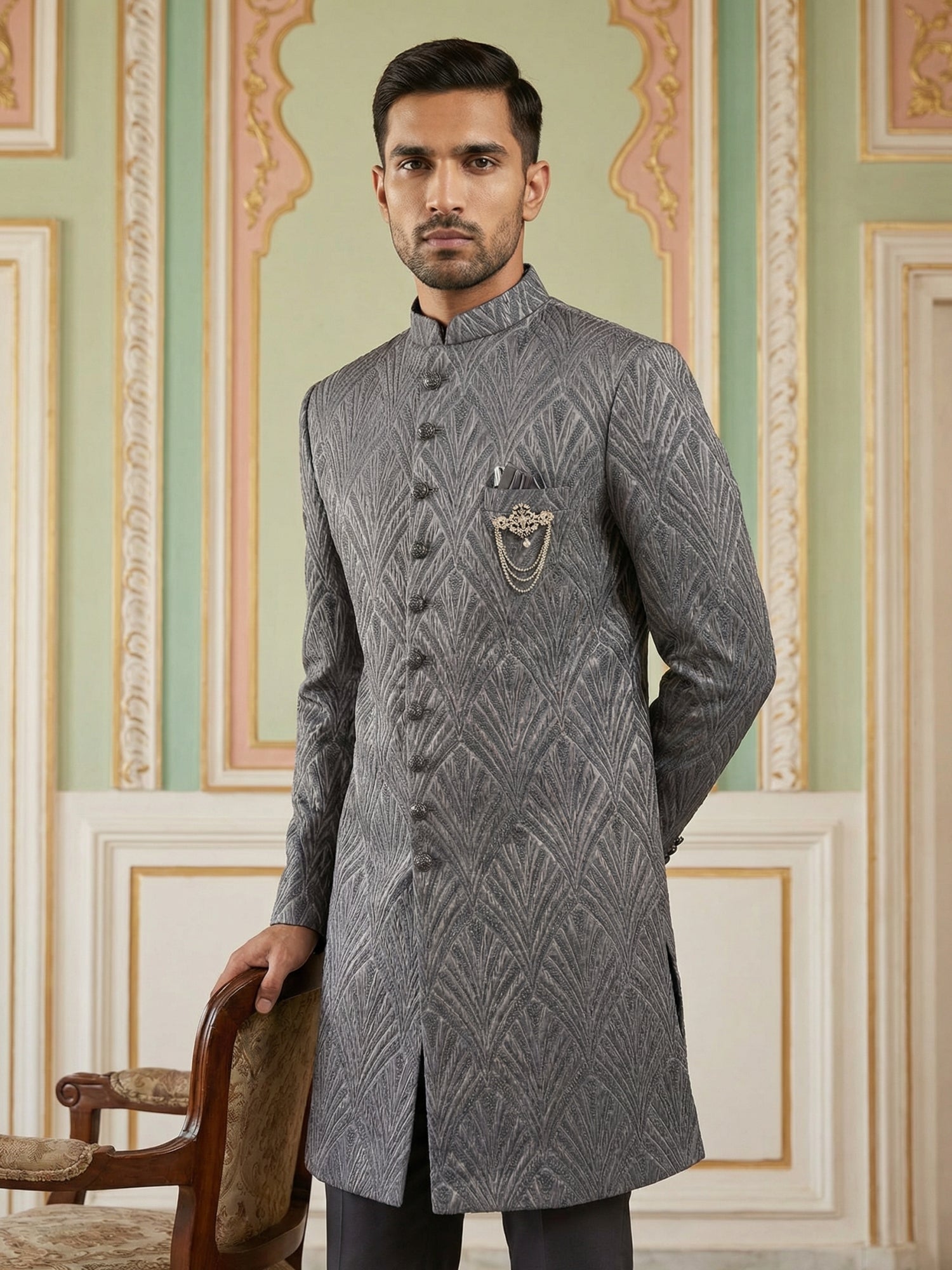 DesiQlo Men Embroidered Indo Western Set - Purple - 50JIND_152Purple_S