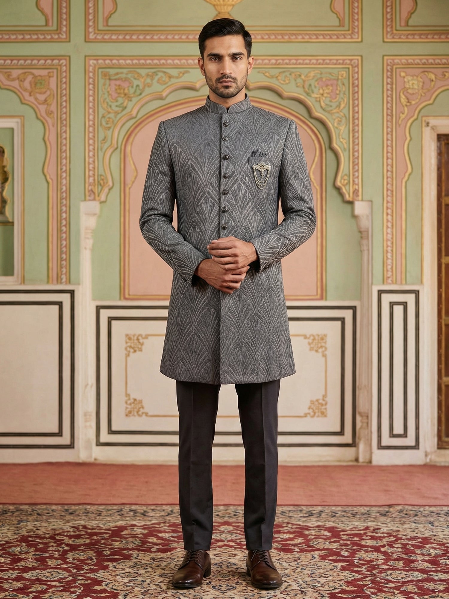 DesiQlo Men Embroidered Indo Western Set - Purple - 50JIND_152Purple_S