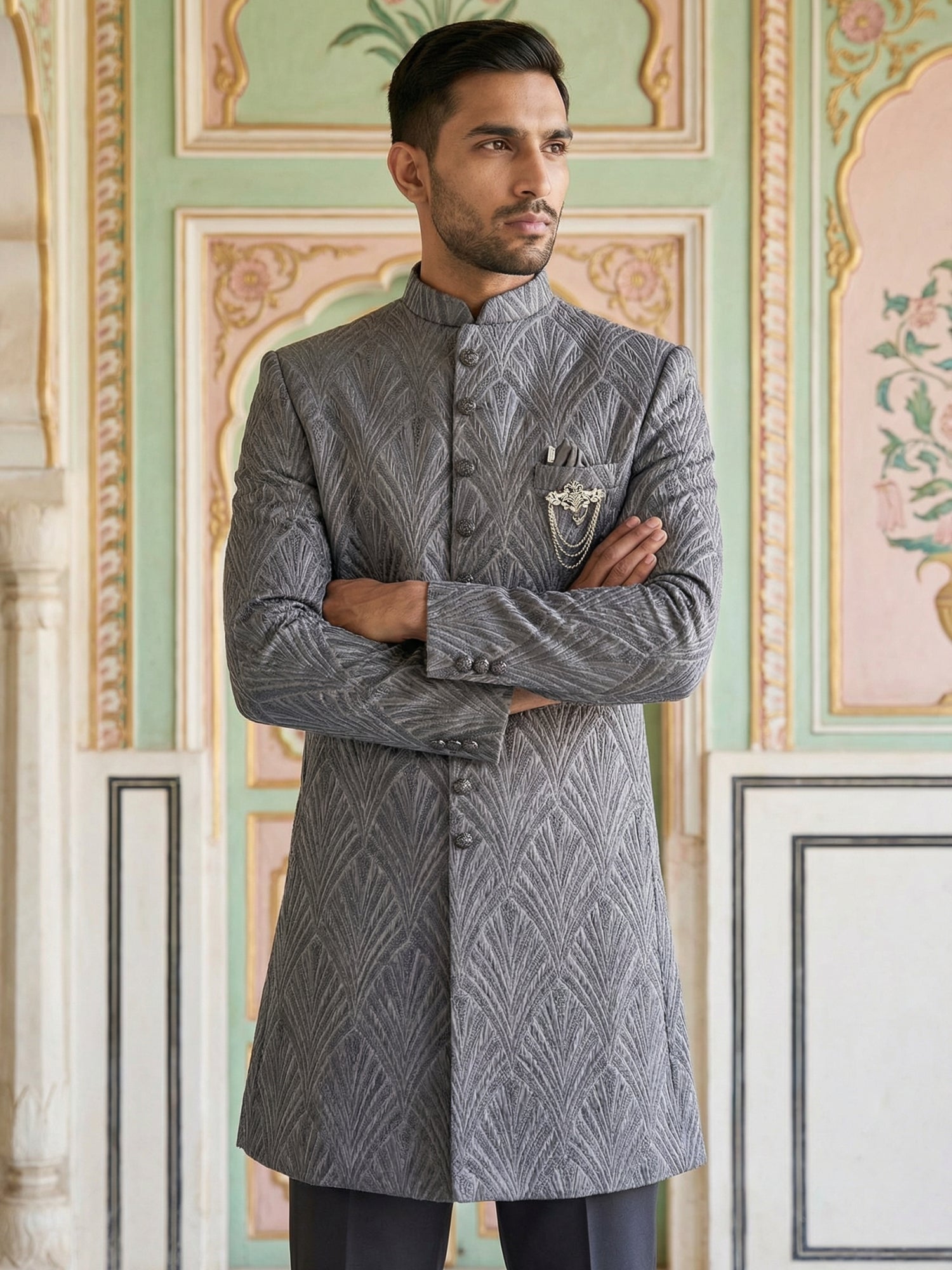 DesiQlo Men Embroidered Indo Western Set - Purple - 50JIND_152Purple_S