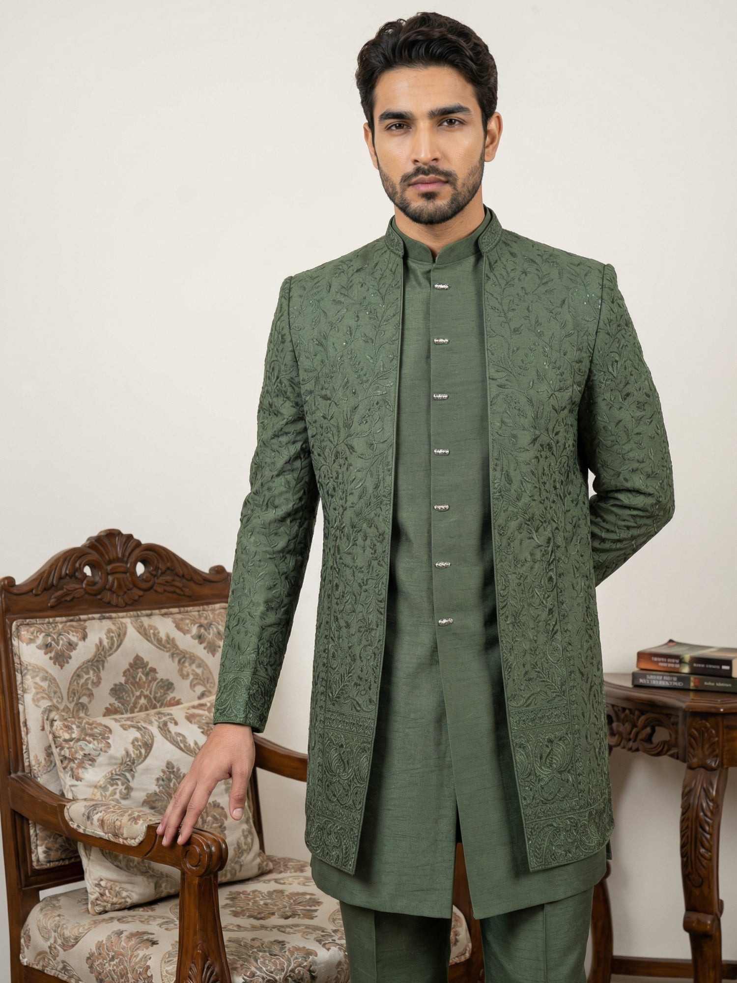 DesiQlo Men Embroidered Indo Western Set - Green - 50JIND_153Olive_S