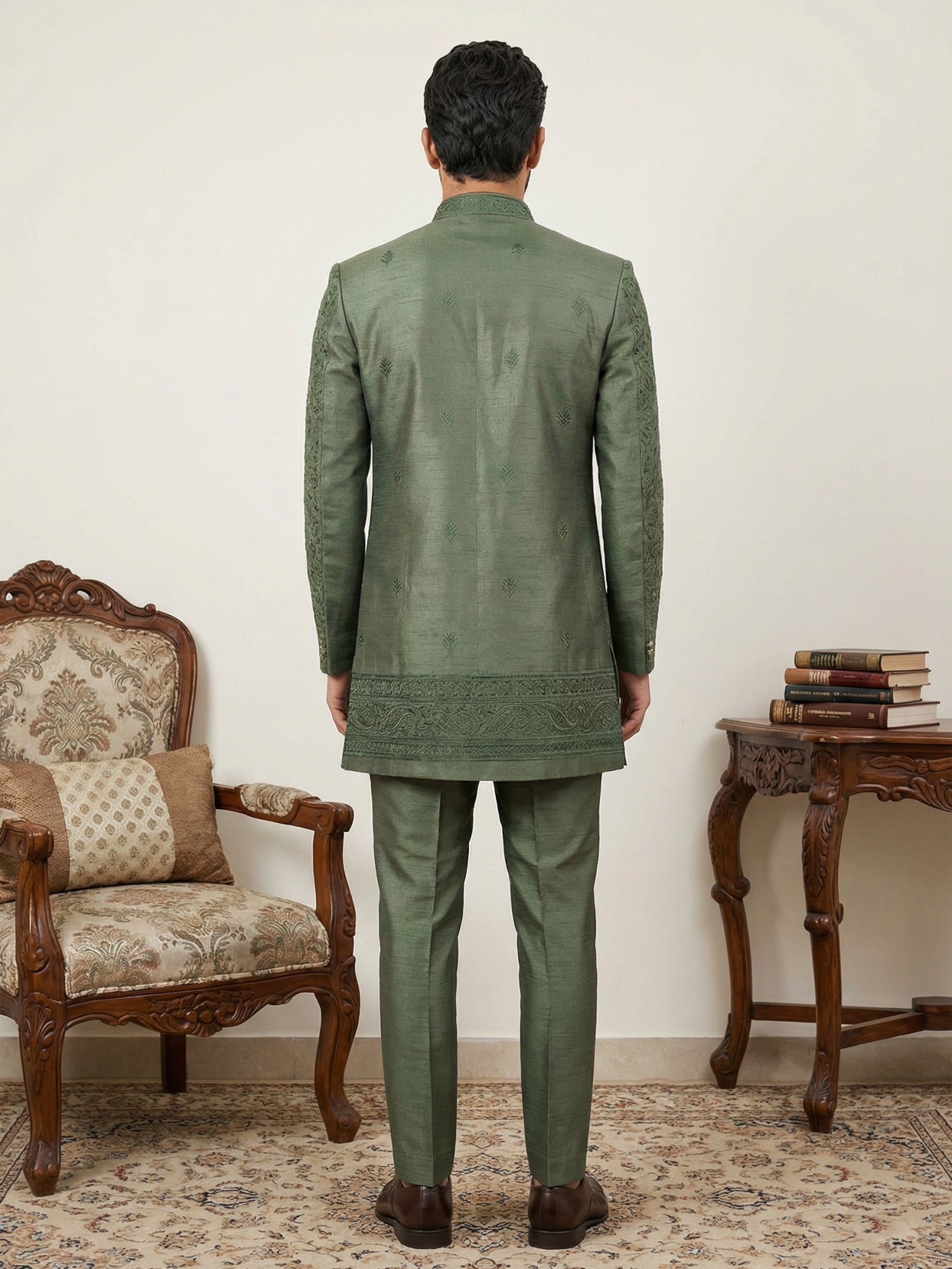 DesiQlo Men Embroidered Indo Western Set - Green - 50JIND_153Olive_S