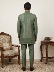 Men Embroidered Silk Indo-Western Set ( 50JIND 153Olive S )