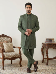 Men Embroidered Silk Indo-Western Set ( 50JIND 153Olive S )