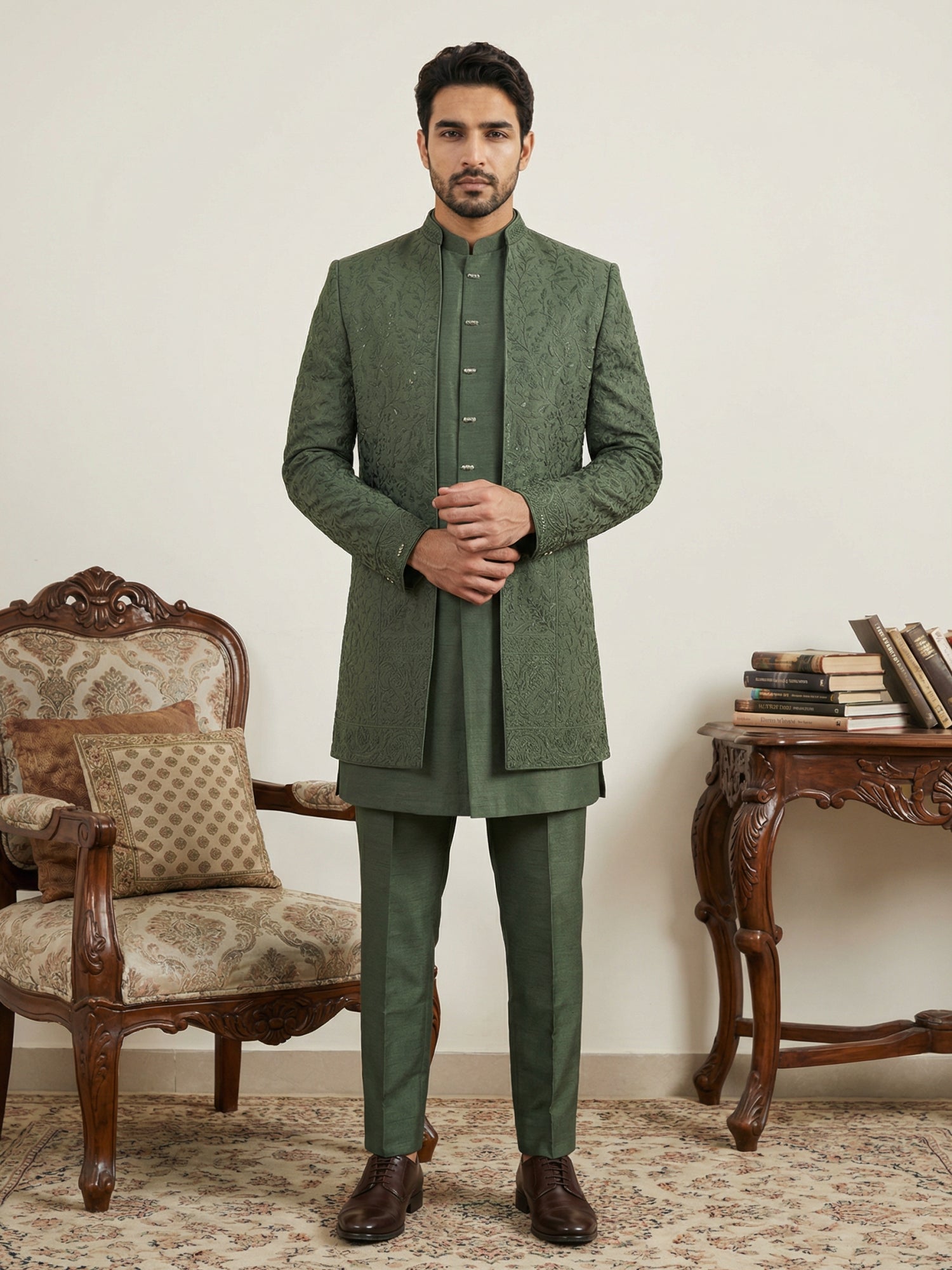 DesiQlo Men Embroidered Indo Western Set - Green - 50JIND_153Olive_S