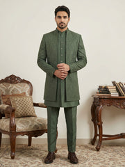 Men Embroidered Silk Indo-Western Set ( 50JIND 153Olive S )