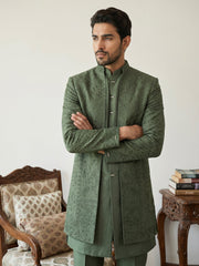 Men Embroidered Silk Indo-Western Set ( 50JIND 153Olive S )