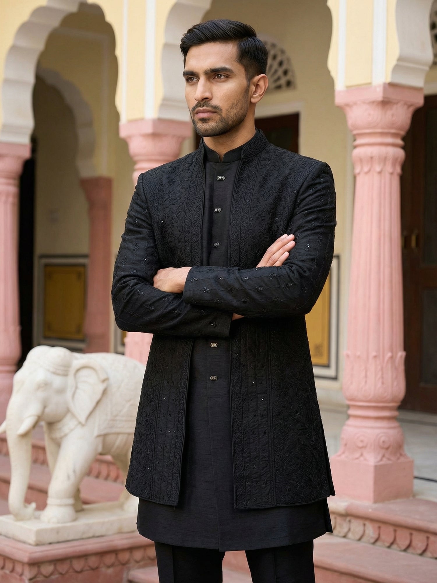 DesiQlo Men Embroidered Indo Western Set - Black - 50JIND_154Black_S