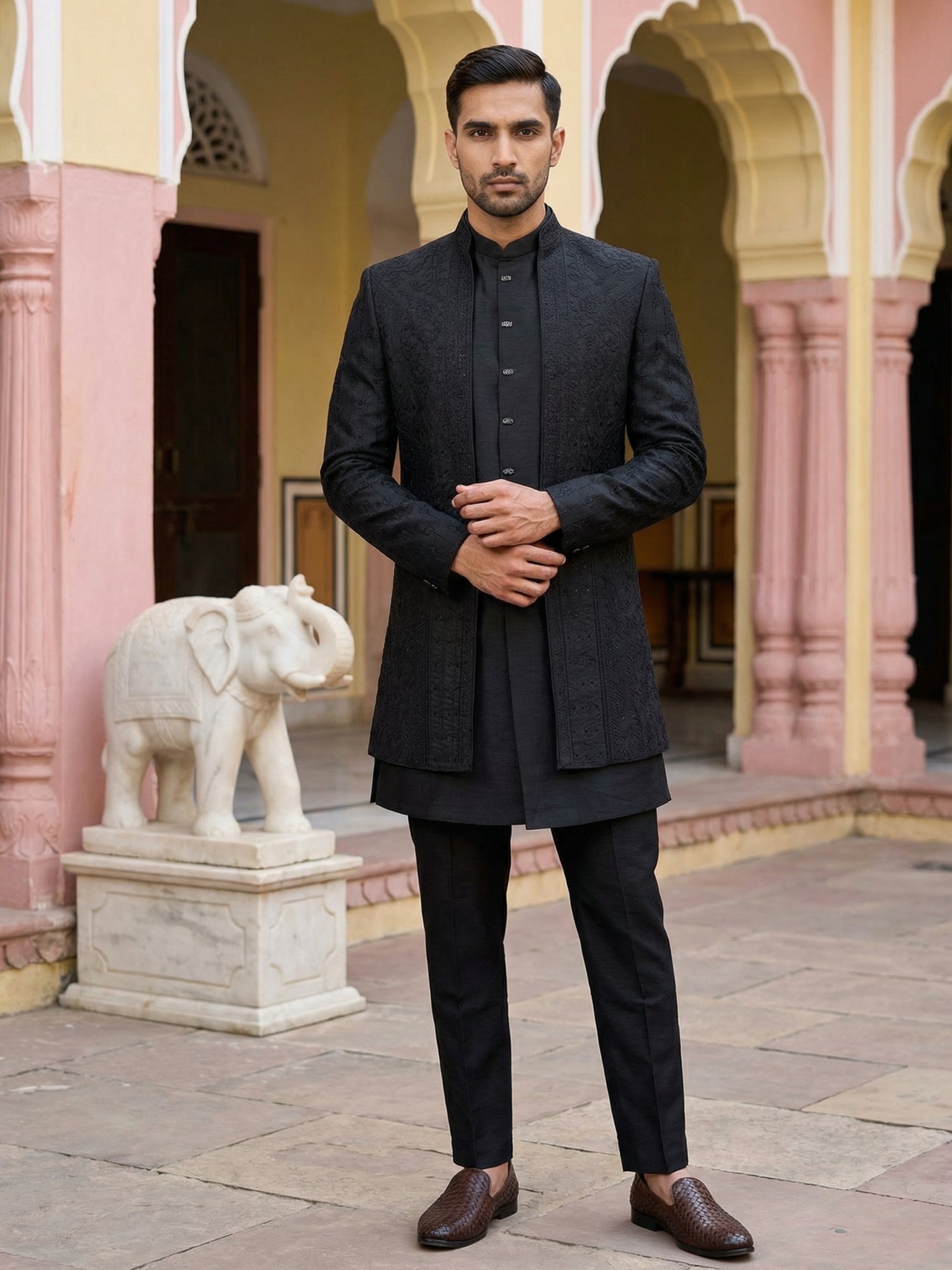 DesiQlo Men Embroidered Indo Western Set - Black - 50JIND_154Black_S