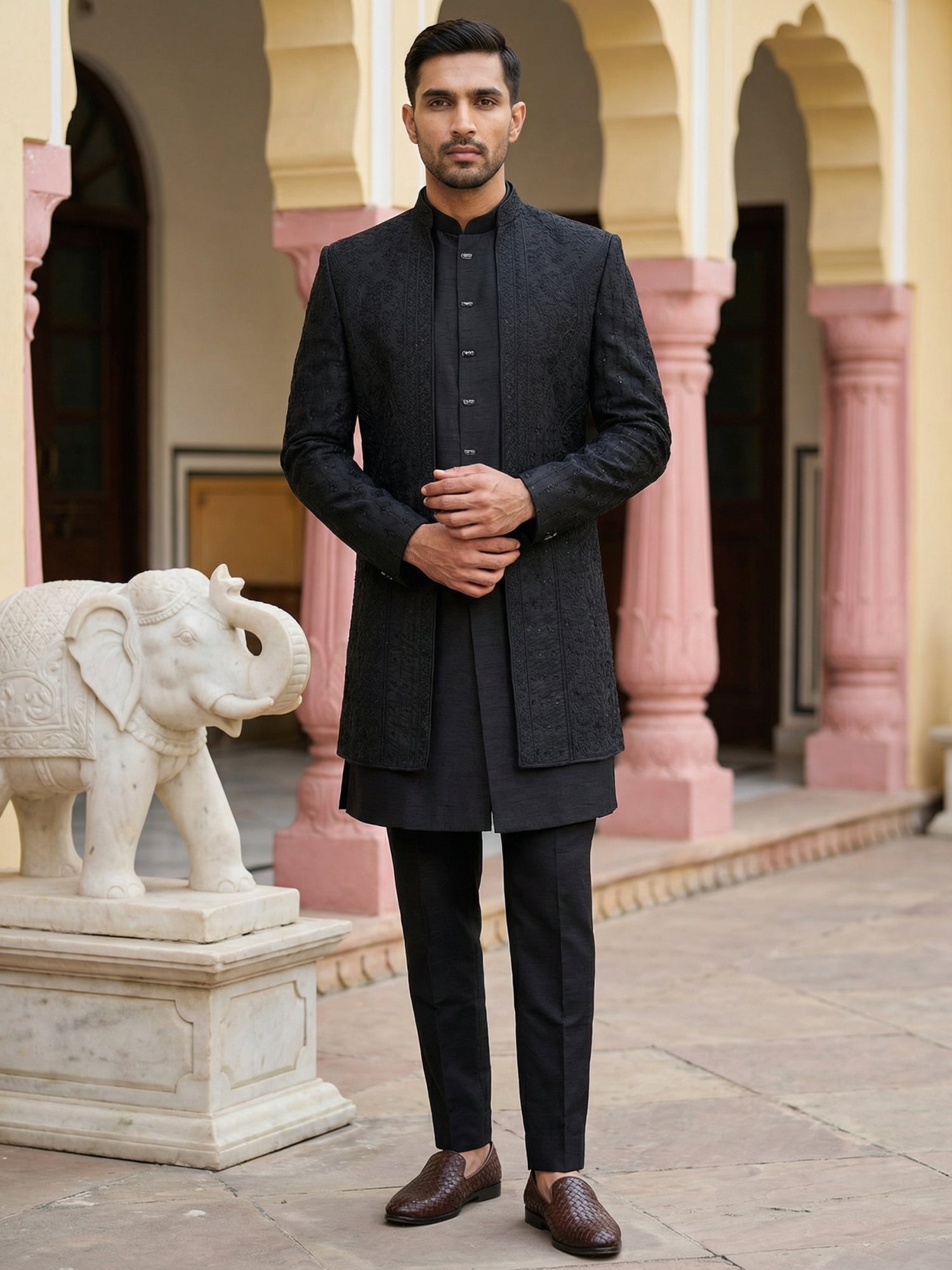 DesiQlo Men Embroidered Indo Western Set - Black - 50JIND_154Black_S