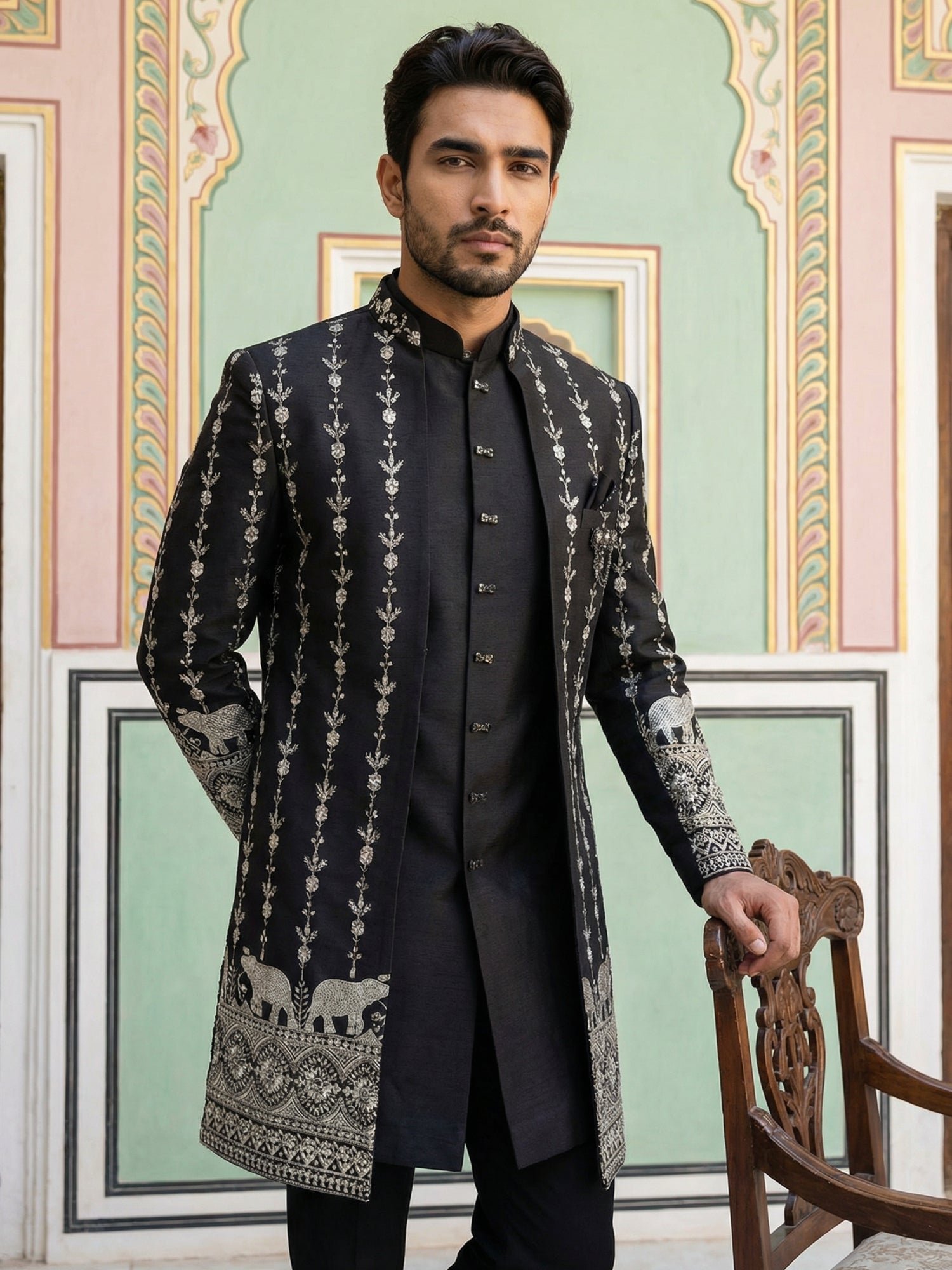 DesiQlo Men Embroidered Indo Western Set - Black - 50JIND_157Black_S