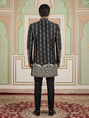 Men’s Embroidered Cotton Blend Indo-Western Set ( 50JIND 157Black S )