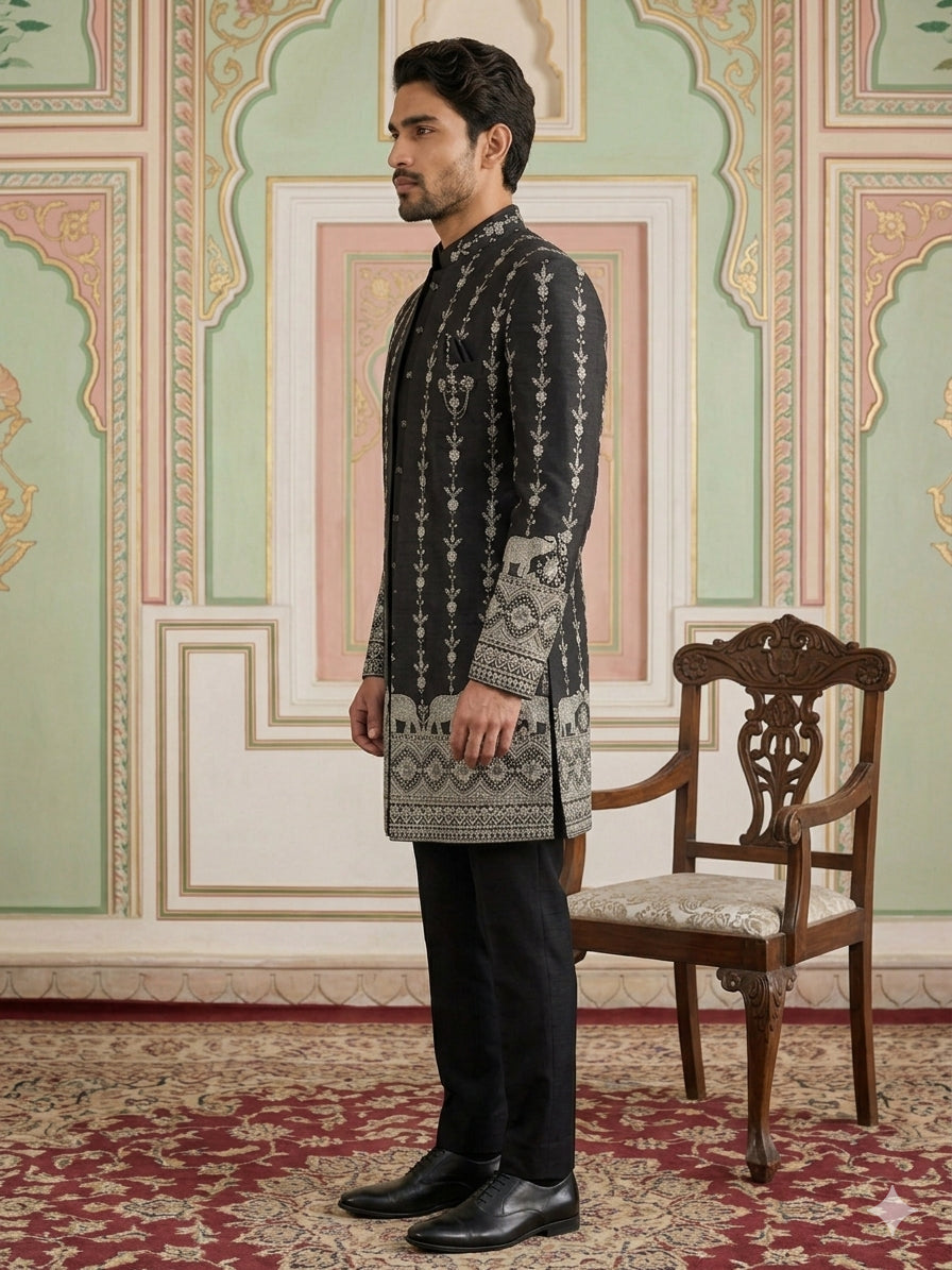 DesiQlo Men Embroidered Indo Western Set - Black - 50JIND_157Black_S