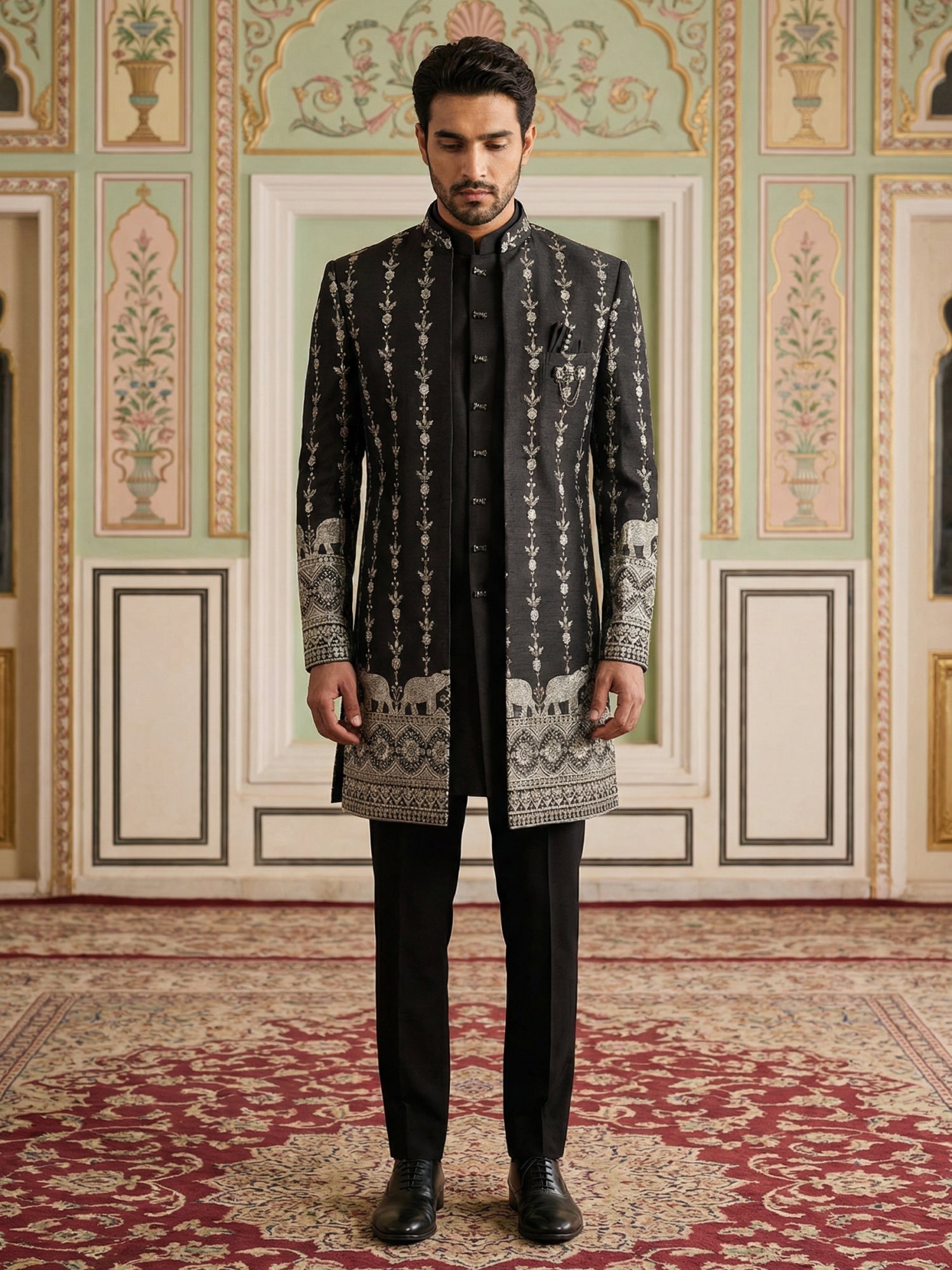 DesiQlo Men Embroidered Indo Western Set - Black - 50JIND_157Black_S
