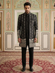 Men’s Embroidered Cotton Blend Indo-Western Set ( 50JIND 157Black S )