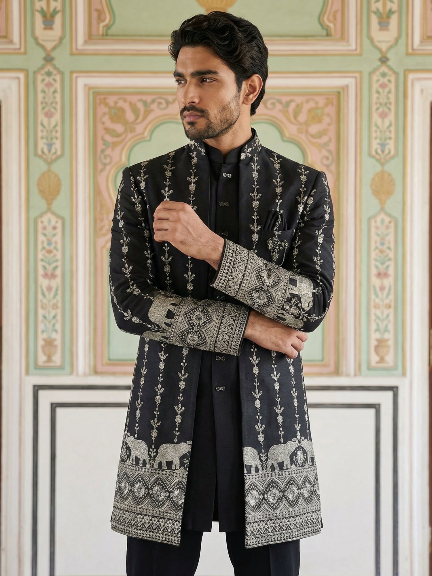 DesiQlo Men Embroidered Indo Western Set - Black - 50JIND_157Black_S