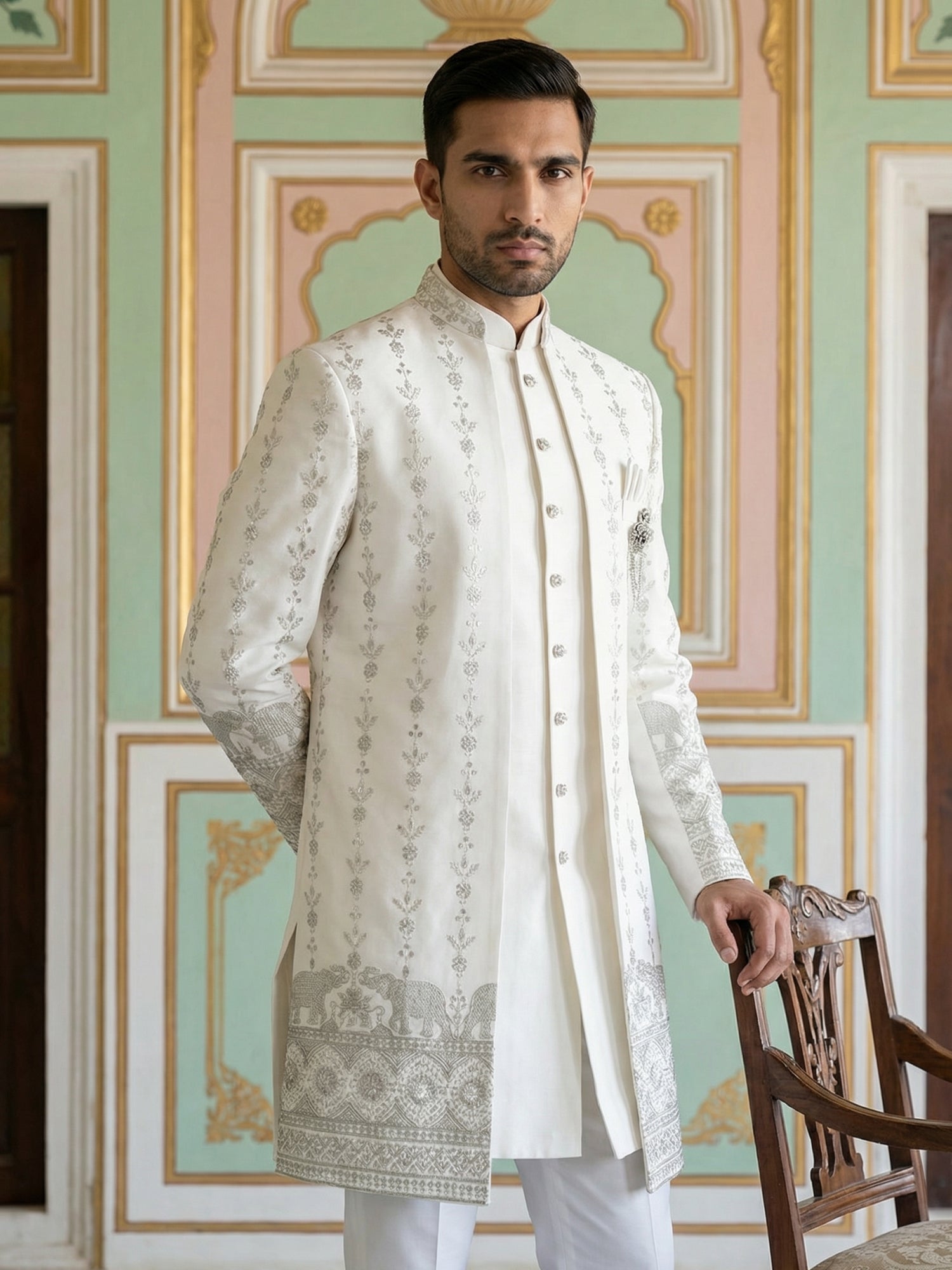 DesiQlo Men Embroidered Indo Western Set - White - 50JIND_157White_S