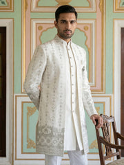 Men’s Embroidered Cotton Blend Indo-Western Set ( 50JIND 157White S )