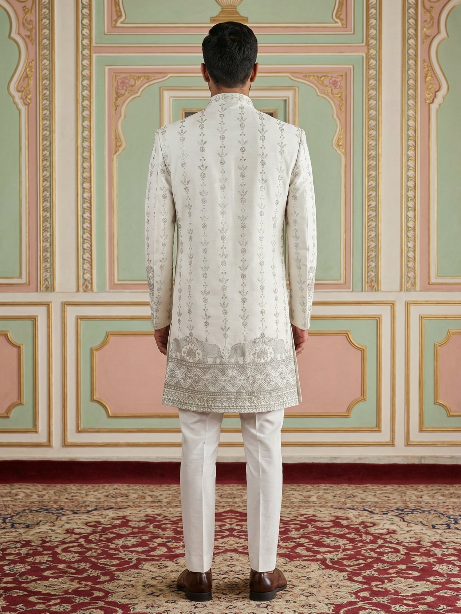 DesiQlo Men Embroidered Indo Western Set - White - 50JIND_157White_S