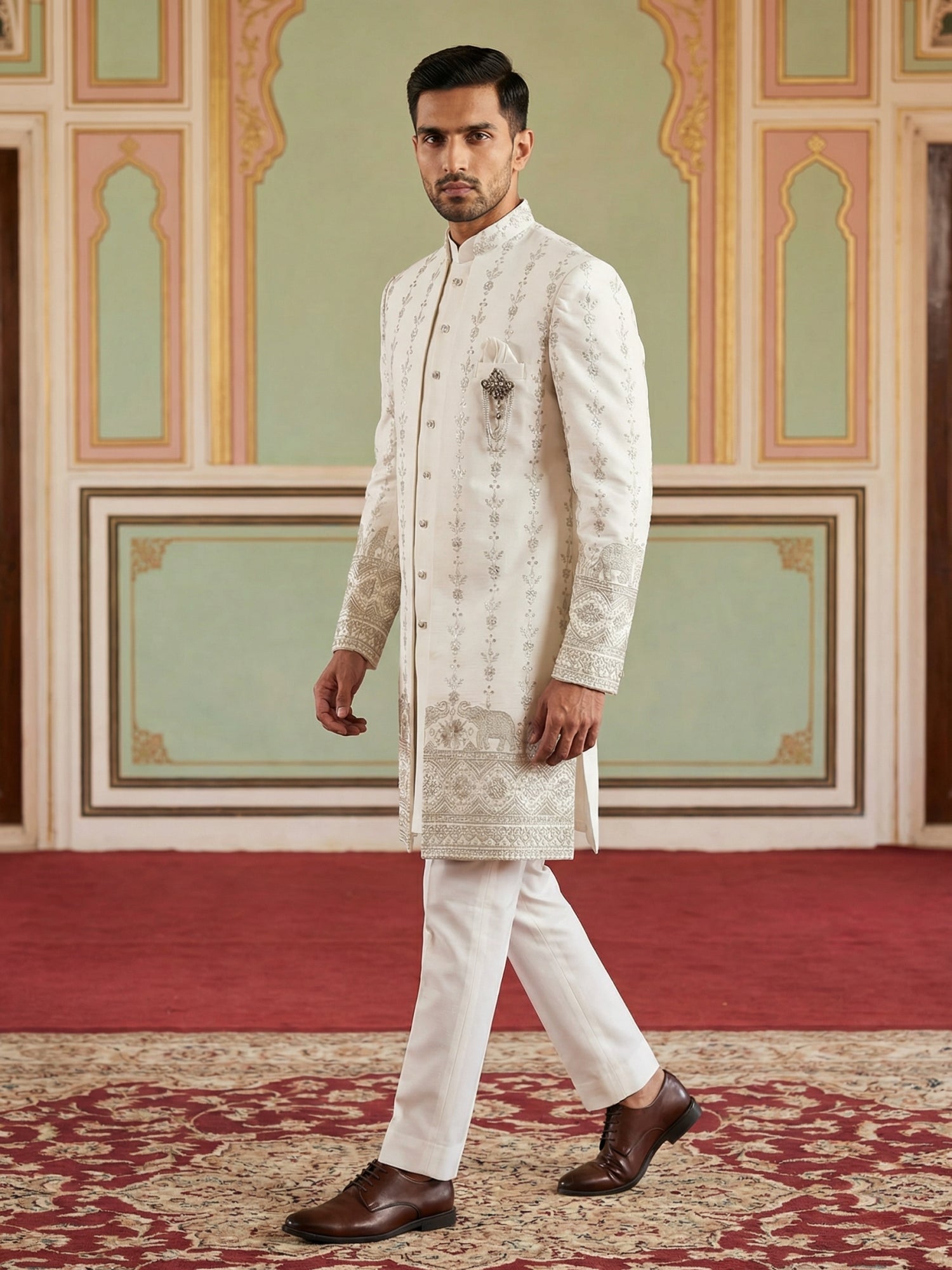 DesiQlo Men Embroidered Indo Western Set - White - 50JIND_157White_S