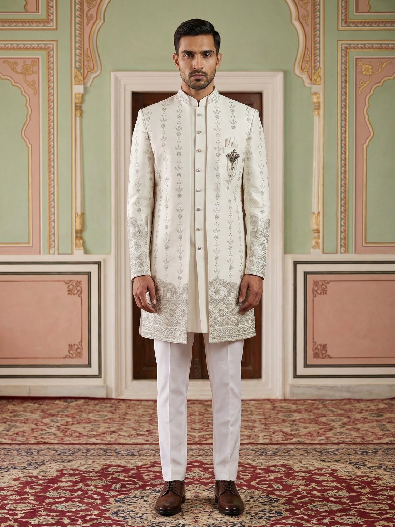 DesiQlo Men Embroidered Indo Western Set - White - 50JIND_157White_S