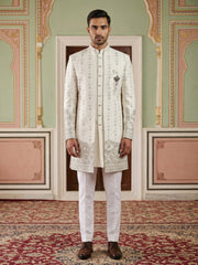 Men’s Embroidered Cotton Blend Indo-Western Set ( 50JIND 157White S )