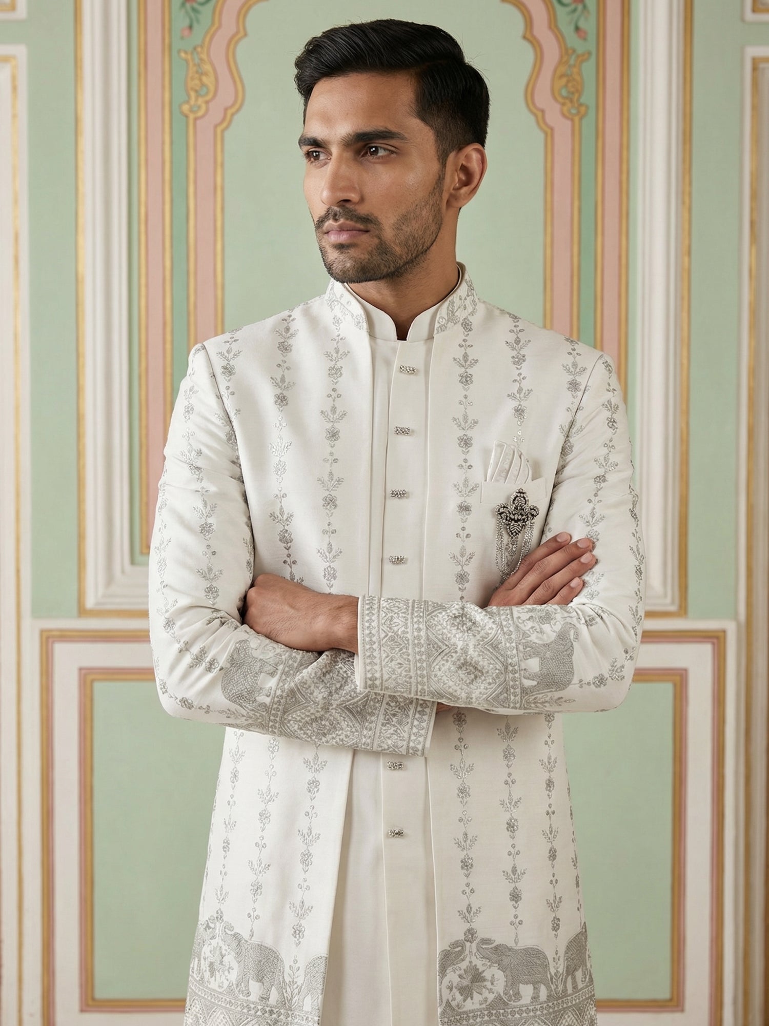 DesiQlo Men Embroidered Indo Western Set - White - 50JIND_157White_S
