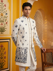 Men’s Embroidered Silk Blend Indo-Western Set ( 50JIND 158White S )