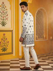 Men’s Embroidered Silk Blend Indo-Western Set ( 50JIND 158White S )