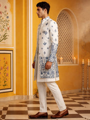 Men’s Embroidered Silk Blend Indo-Western Set ( 50JIND 158White S )
