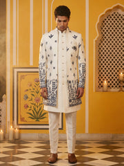 Men’s Embroidered Silk Blend Indo-Western Set ( 50JIND 158White S )