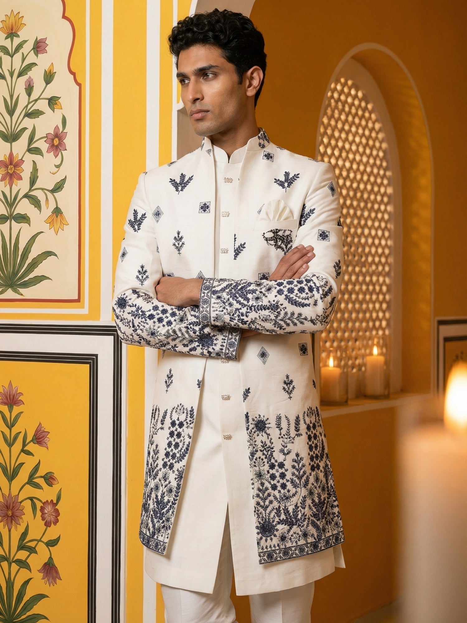 DesiQlo Men Embroidered Indo Western Set - White - 50JIND_158White_S