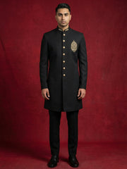 Men's Cotton Blend Indo-Western Set with Zari Work ( 50JIND 159Black S )