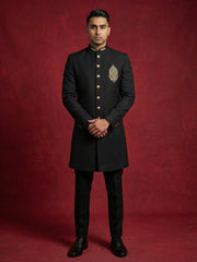 Men's Cotton Blend Indo-Western Set with Zari Work ( 50JIND 159Black S )