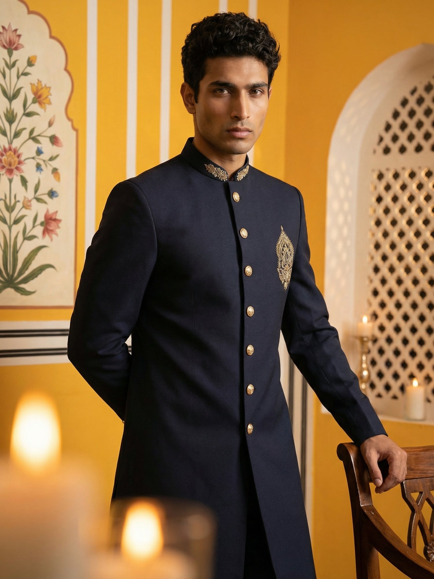 DesiQlo Men Solid Indo Western Set - Blue - 50JIND_159Navy_S