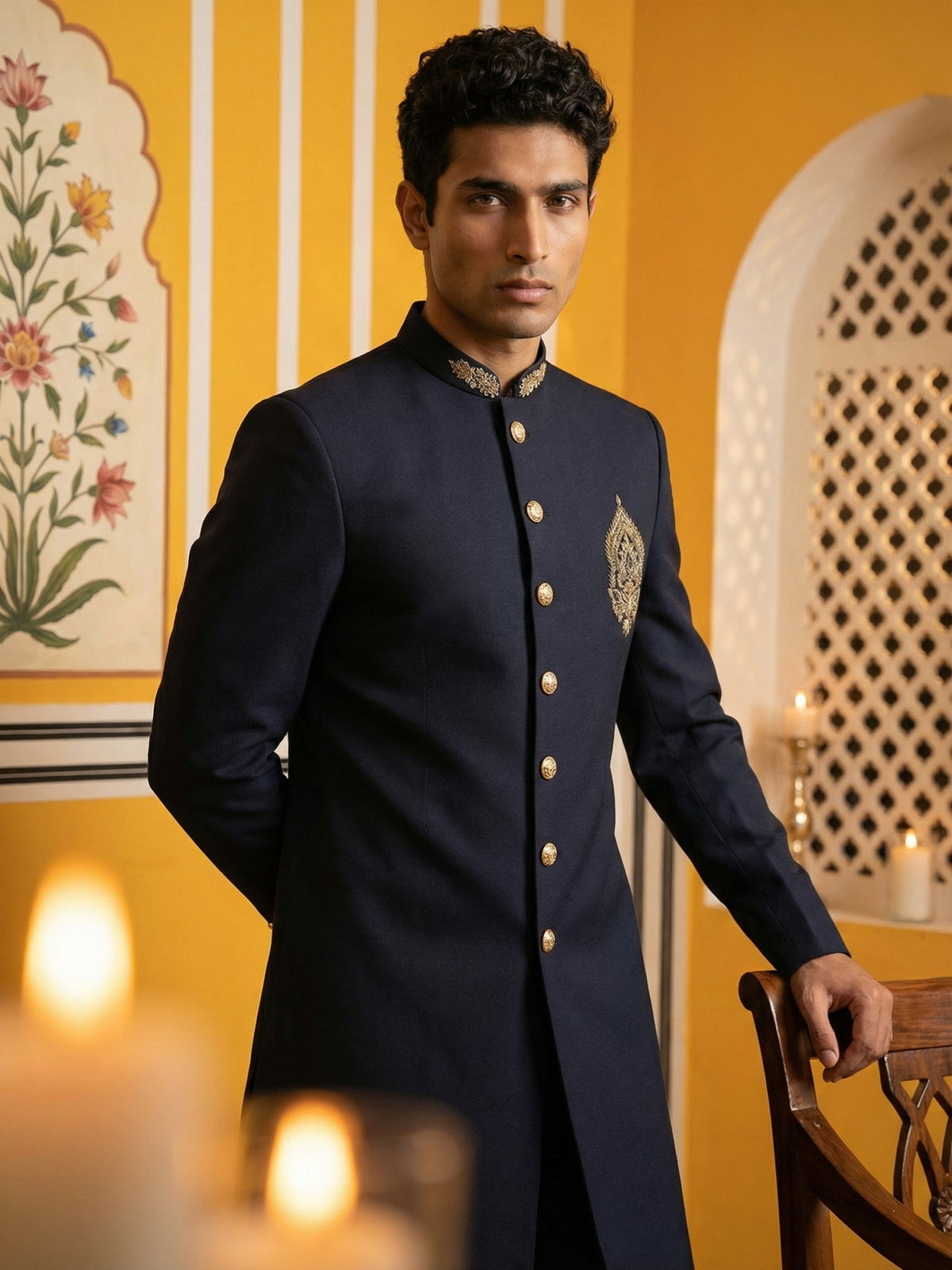Men's Cotton Blend Indo-Western Set with Zari Work ( 50JIND 159Navy S )