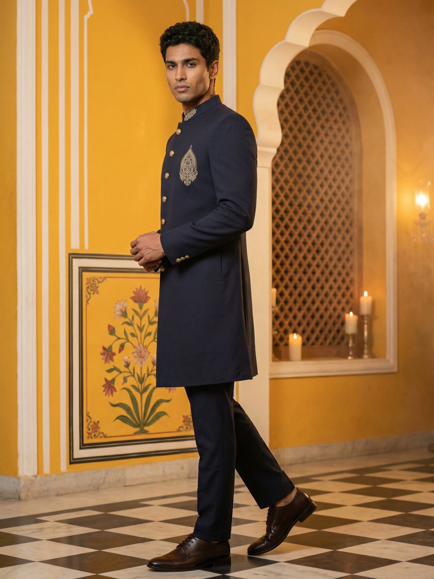DesiQlo Men Solid Indo Western Set - Blue - 50JIND_159Navy_S