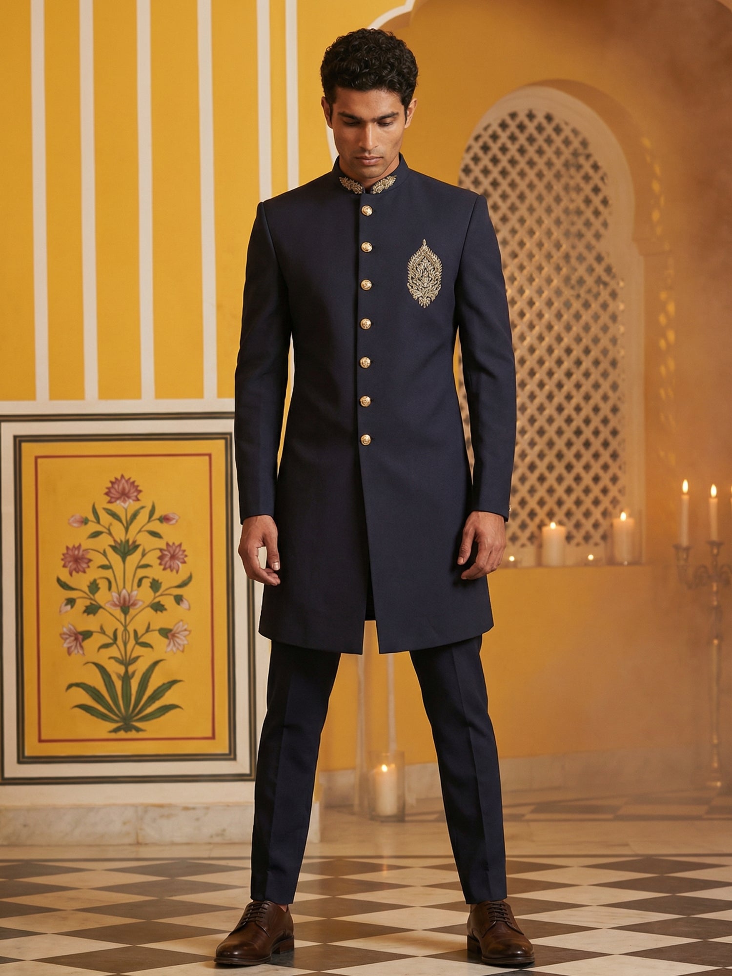 DesiQlo Men Solid Indo Western Set - Blue - 50JIND_159Navy_S