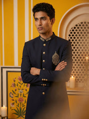 Men's Cotton Blend Indo-Western Set with Zari Work ( 50JIND 159Navy S )