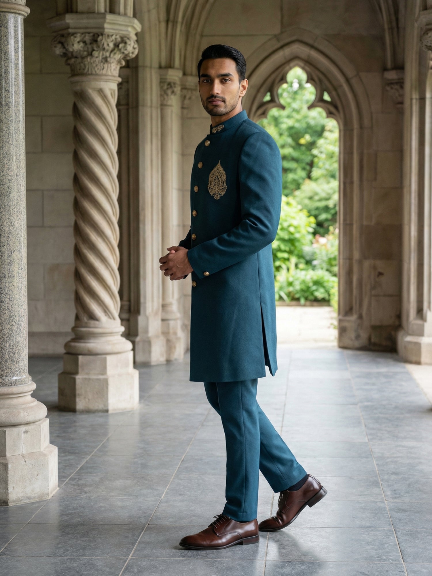 DesiQlo Men Solid Indo Western Set - Multicolor - 50JIND_159Peacock_S