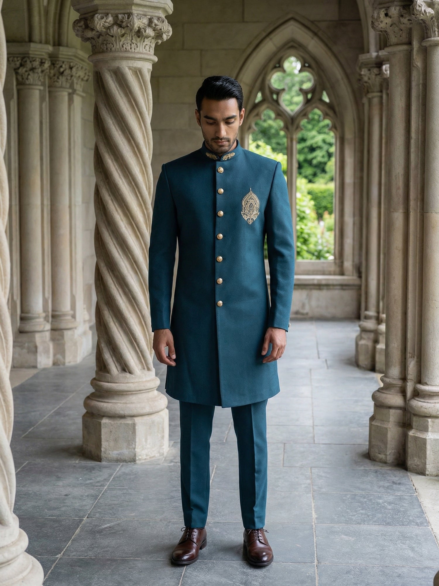 DesiQlo Men Solid Indo Western Set - Multicolor - 50JIND_159Peacock_S