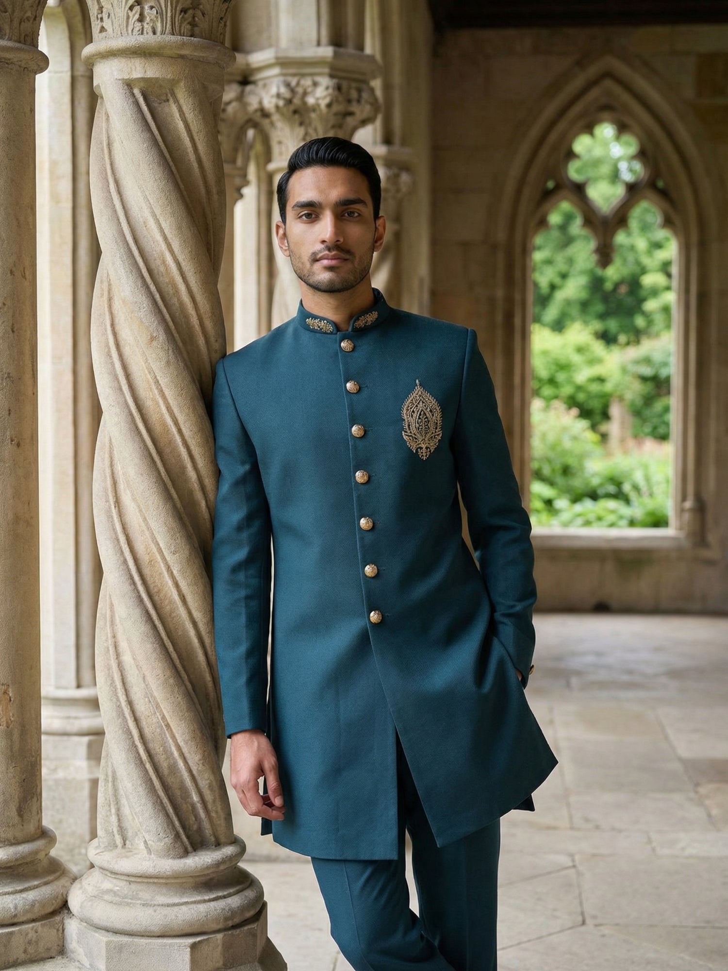 DesiQlo Men Solid Indo Western Set - Multicolor - 50JIND_159Peacock_S