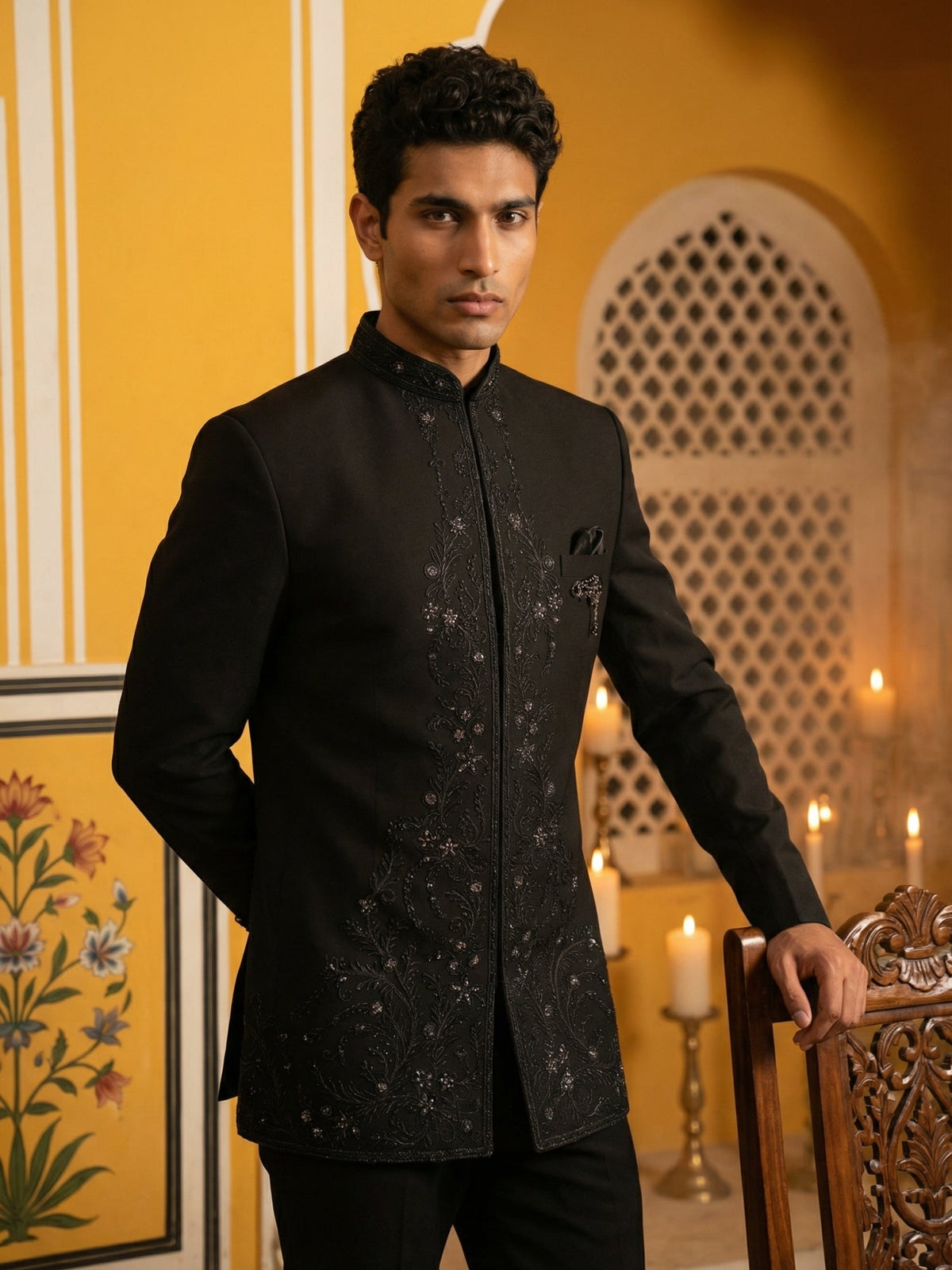 Japanese Embroidered Indo-Western Set ( 50JIND 160Black S )