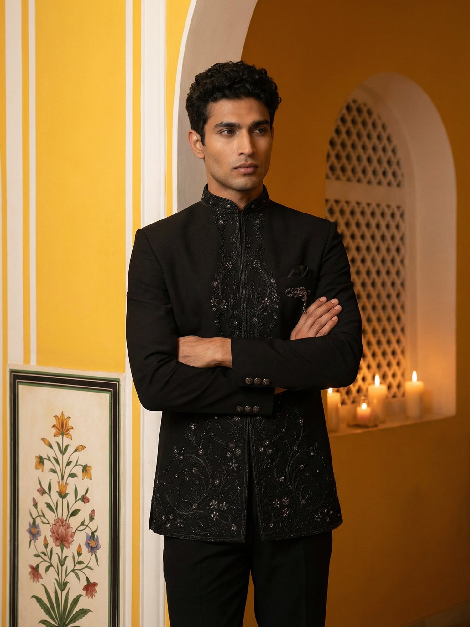 DesiQlo Men Embroidered Indo Western Set - Black - 50JIND_160Black_S