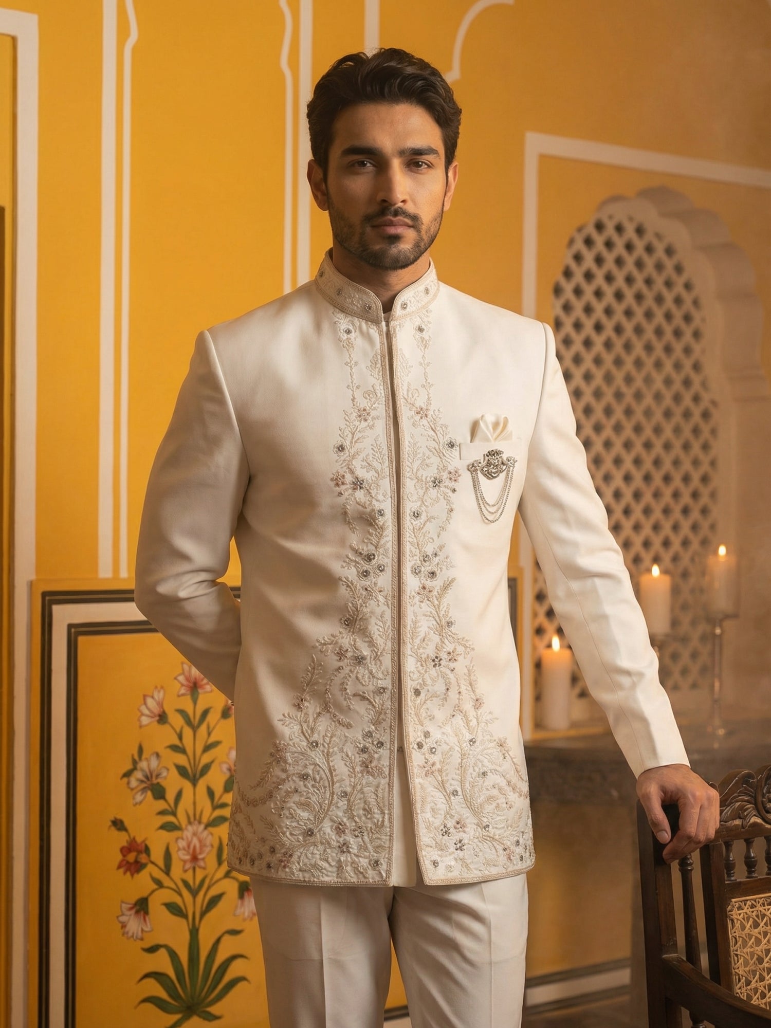 DesiQlo Men Embroidered Indo Western Set - Beige - 50JIND_160Cream_S
